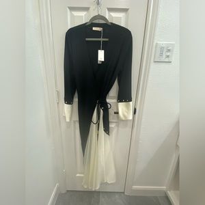 Tory Burch Mixed Material Wrap Dress Black Jersey & Cream Satin Size Small NEW